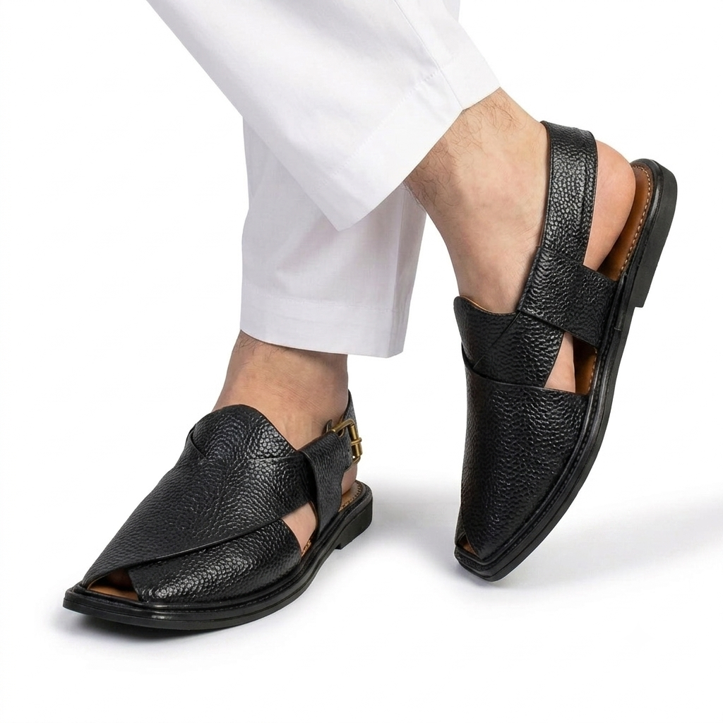 Traditional Black Granular Peshawari Chappal for men front view