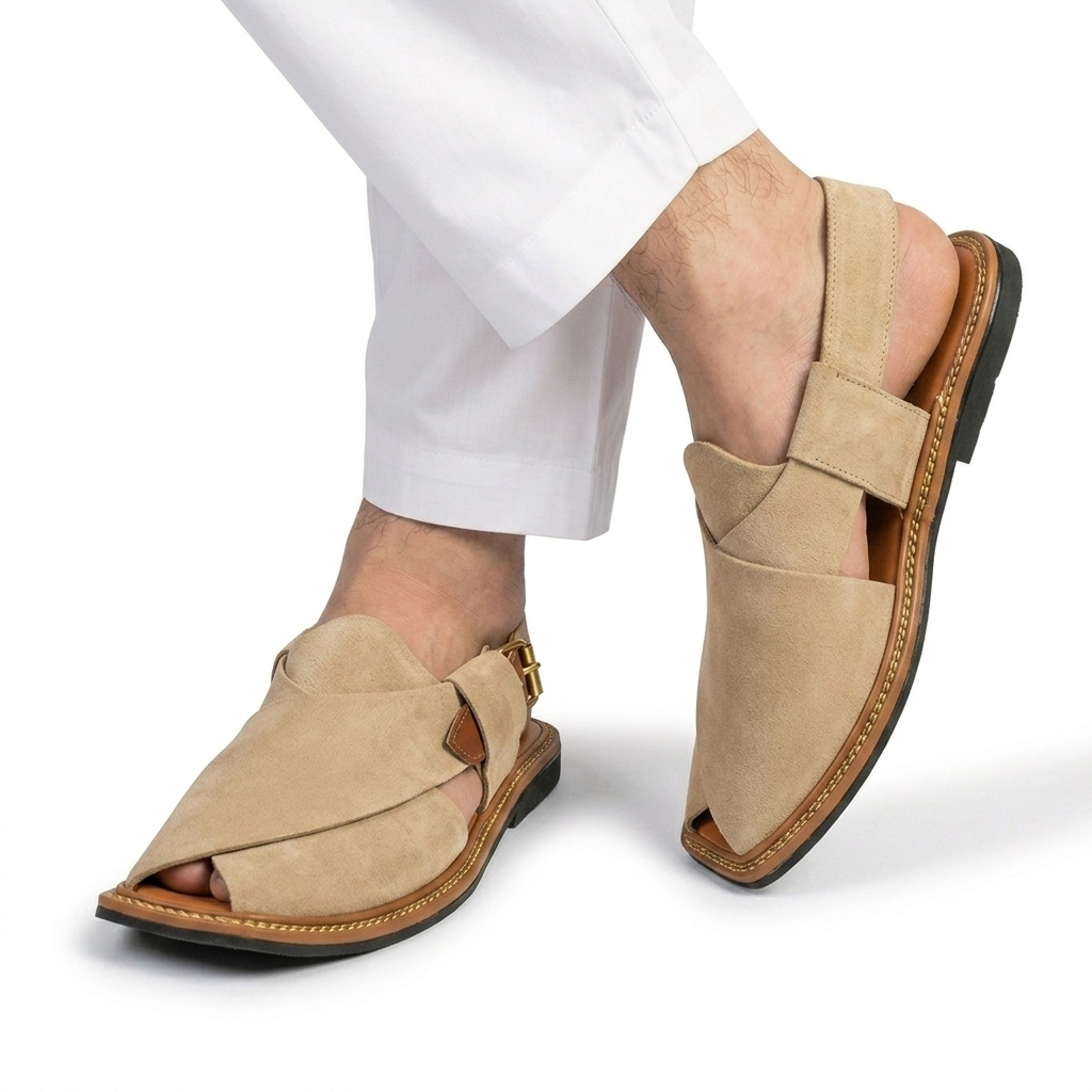 Authentic Beige Suede Sabar Peshawari Chappal for Men