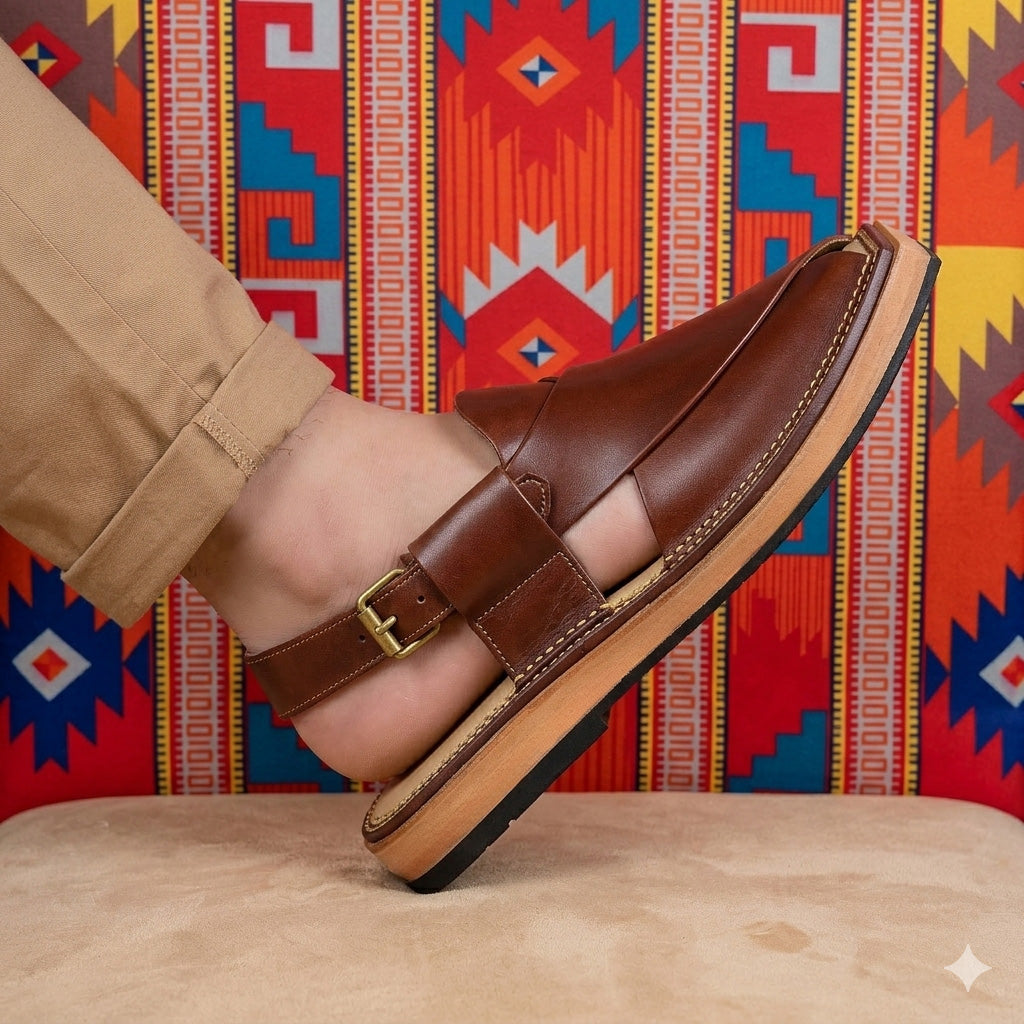 Red Kaptaan Peshawari Chappal crossover front design