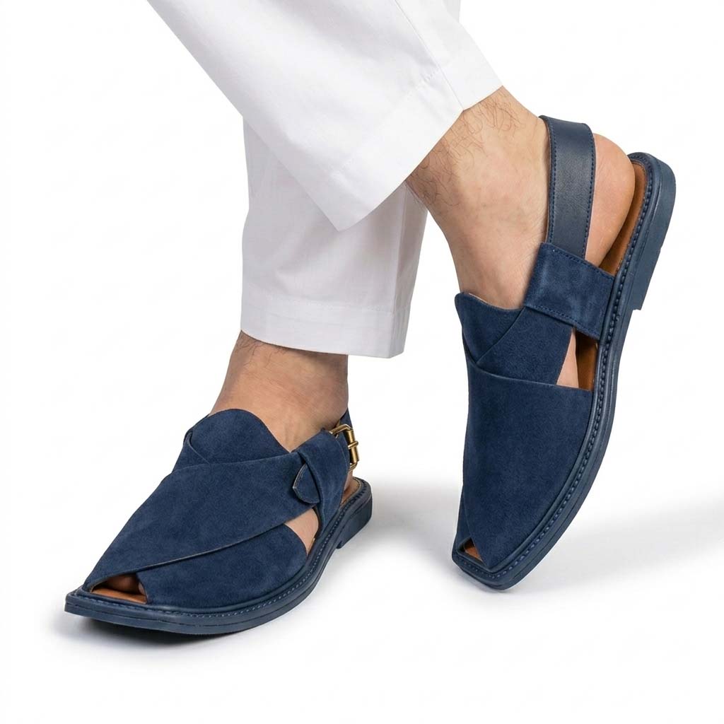 Authentic Dark Blue Suede Peshawari Chappal front view
