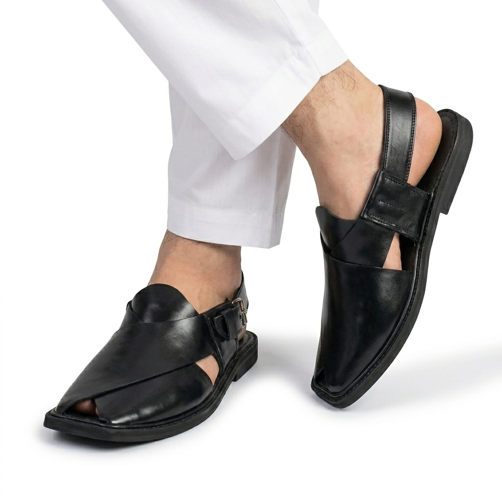 Black Charsadda Gol T Peshawari Chappal for men front view