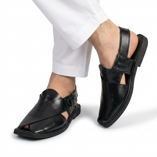 Black Charsadda Gol T Peshawari Chappal for men front view