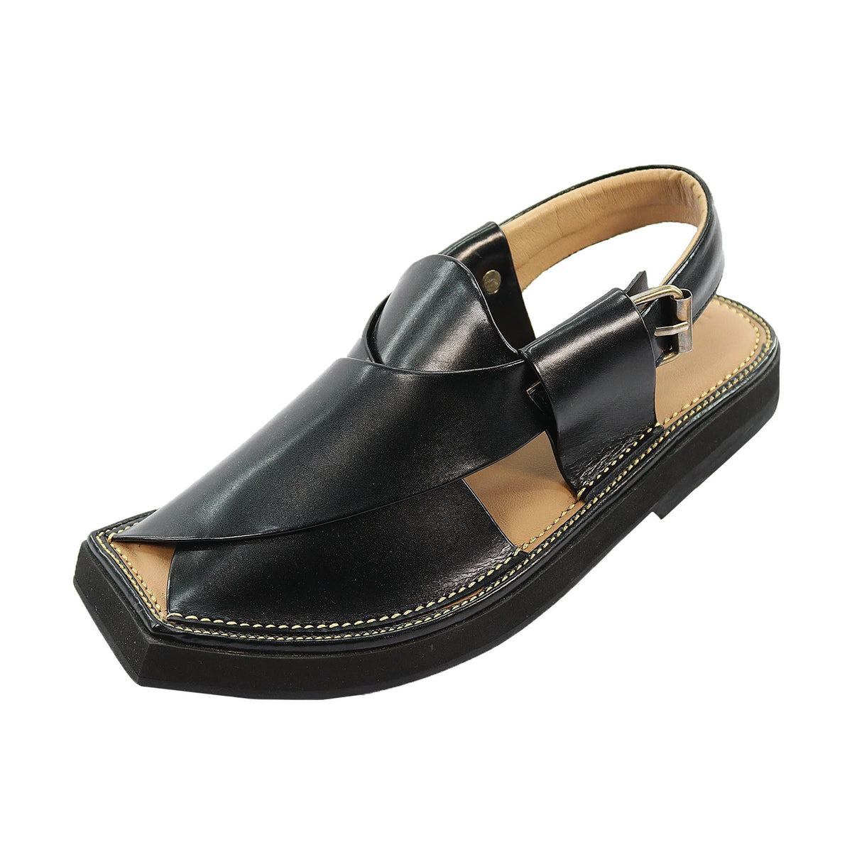 Zalmi Black Kaptaan Chappal top view with square toe