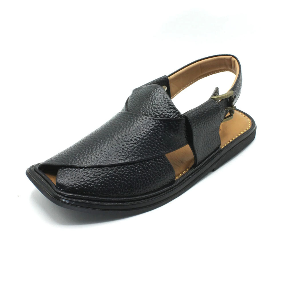 Black Granular Peshawari Chappal back strap detail